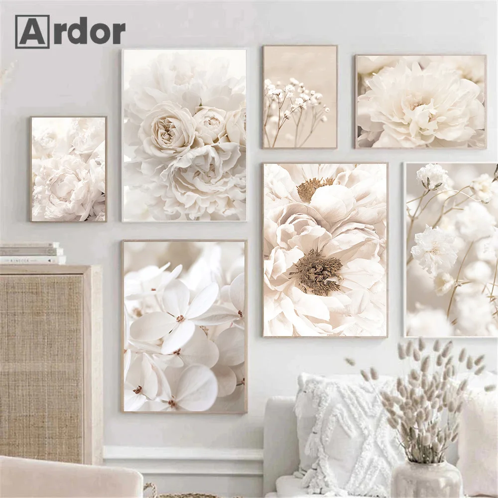 

Beige Flowers Poster Botanical Floral Wall Art Peony Rose Canvas Painting Romantic Art Prints Nordic Wall Pictures Bedroom Decor
