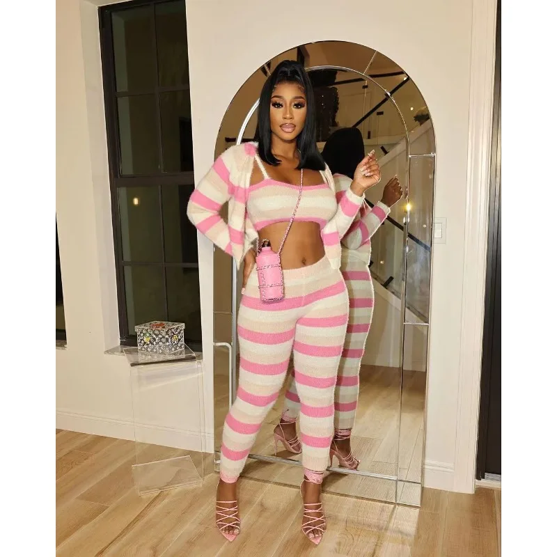 Colorful Knitted Casual Three Piece Set 2023 Autumn Cotton Long Sleeve Cardigan Tanks Top Slim Fit Pants Lounge Wear Office Lady