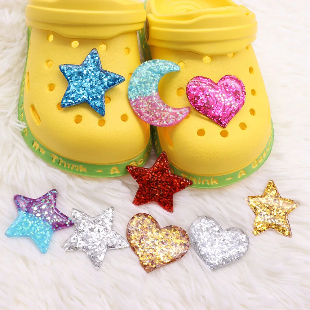 

Good Quality 1pcs Resin Shoe Charms Colorful Sequins Star Moon Heart Accessories Kids Shoes Ornaments Fit DIY Party Gift