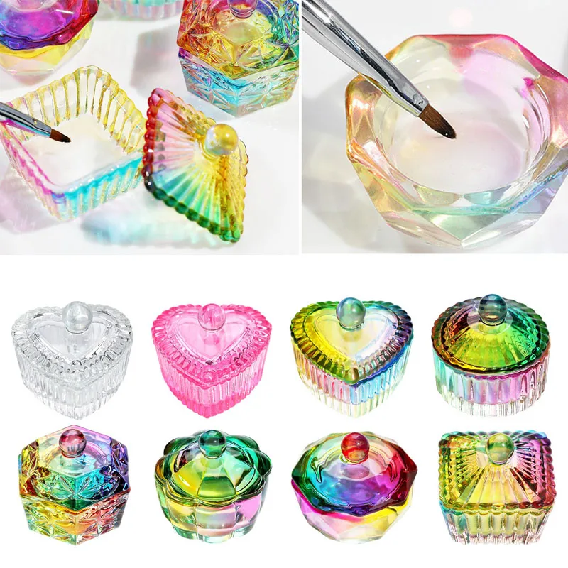 Manicure Tools Colorful Crystal Glass Acrylic Powder Liquid Nail Cup Dish Lid Bowl with Cap Holder Equipment Salon
