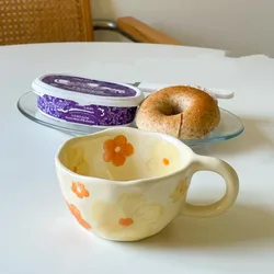 Chic Irregular Flower Ceramic Mug - Korean Style Breakfast Drinkware - 201-300ml (Orange flower)