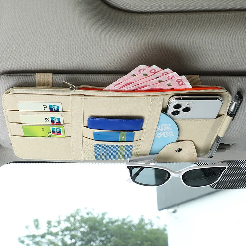 

Leather Car Sun Visor Organizer Multi-Pocket Glasses Holder Sunglasses Clip Storage Card Ticket Sunshade Bag Car Accessories