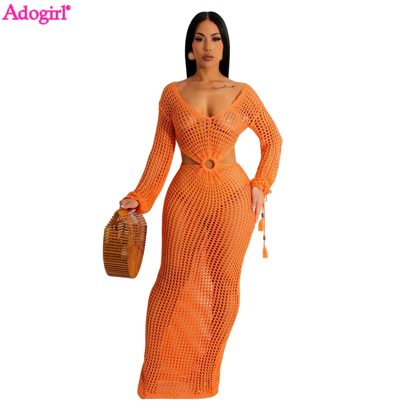 

Adogirl Hollow Out Knitted Maxi Dress 2023 Summer Women Sexy Off Shoulder Tassel Tie Long Sleeve Long Robe Beach Cover Ups