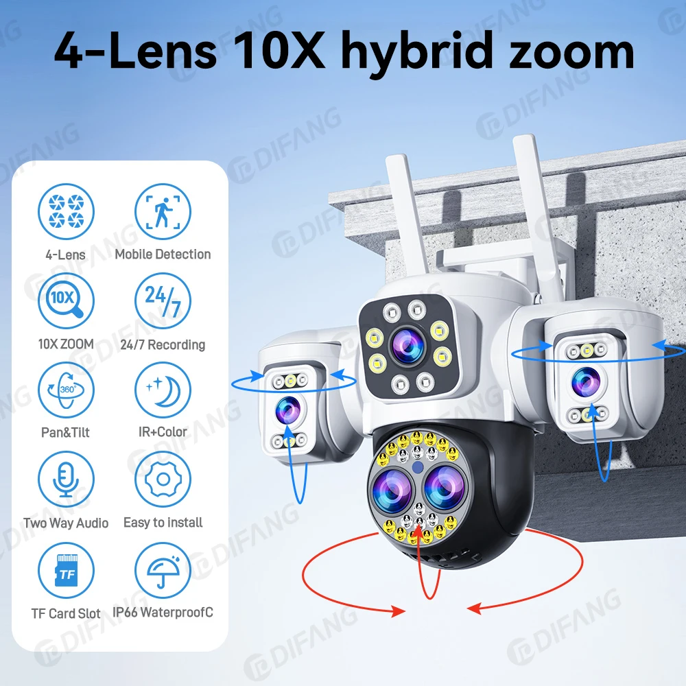 16MP 8K UHD 4-Lens WiFi Camera! 10x Zoom & Triple-Screen, 360° AI Human Tracking, Yoosee App, Outdoor Security 5