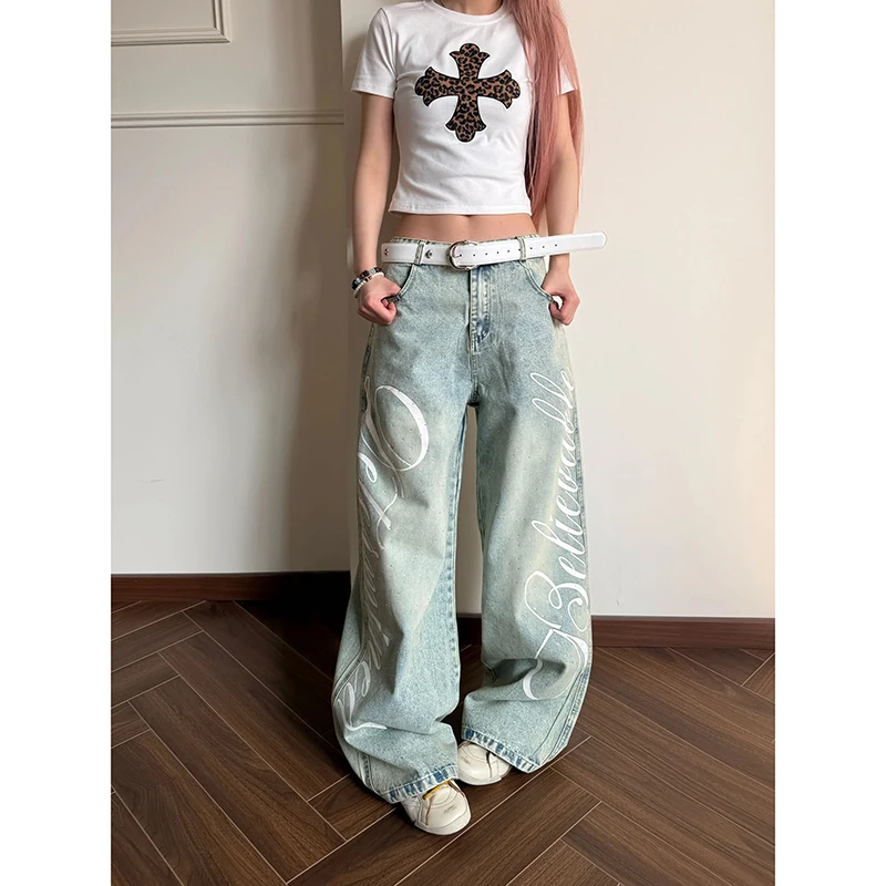 YIBASHU Women Vintage Blue Y2k Baggy Jeans Harajuku Letter Print Denim Trousers Streetwear Japanese 2000s Oversize Jeans Pants 5
