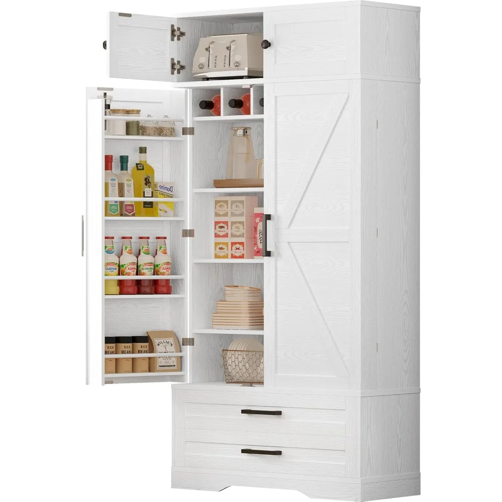 Kitchen Pantry 72" Height, with Eight Hanging Shelves, Two Drawers and Open Storage Cabinet, Freestanding Cupboard