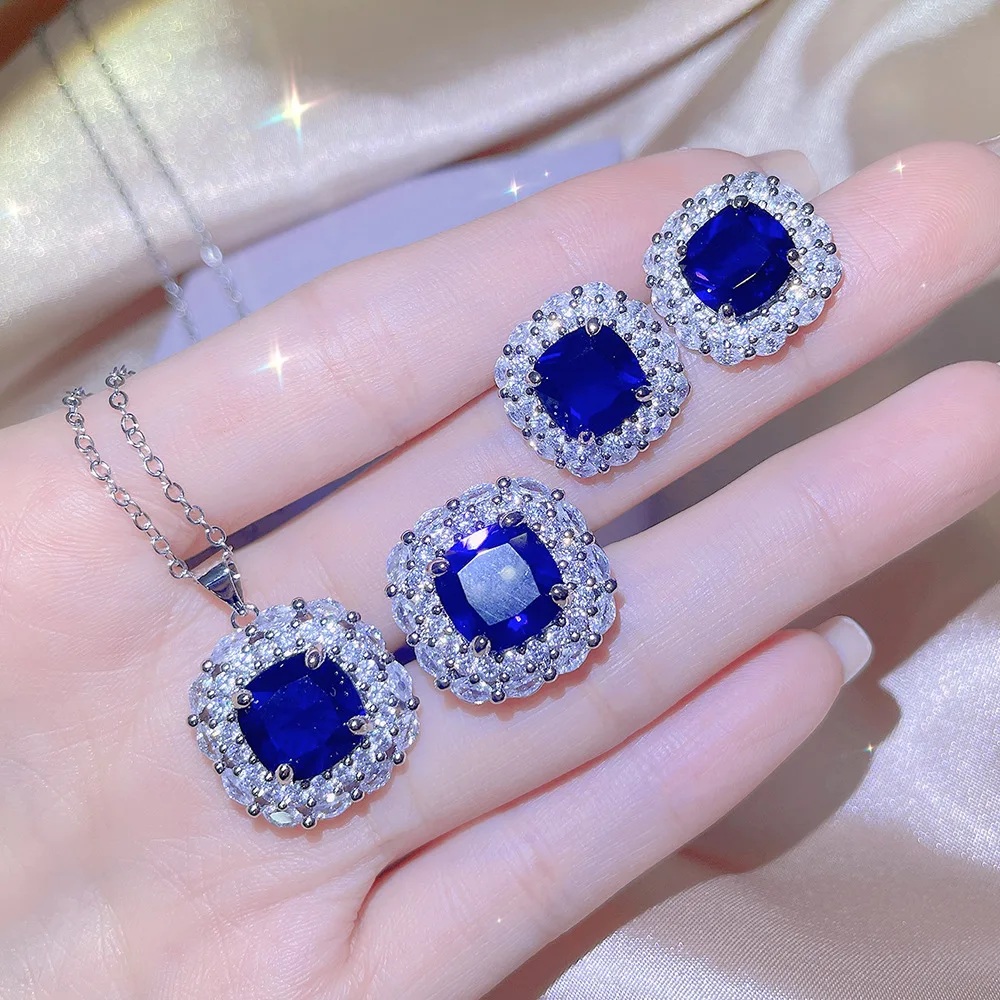 Vintage Imitation Tanzanite Sapphire Square Jewelry Set 925 Stamp Fashion Jewelry Wedding Party Birthday Gift