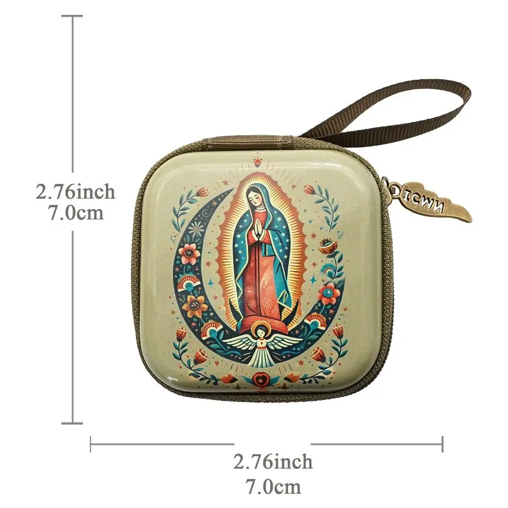 Portable Virgin Mary Prayer Rosary Storage Bag Zippered 7x7cm Jewelry Box Elegant Cartoon Christian Gift Devotees