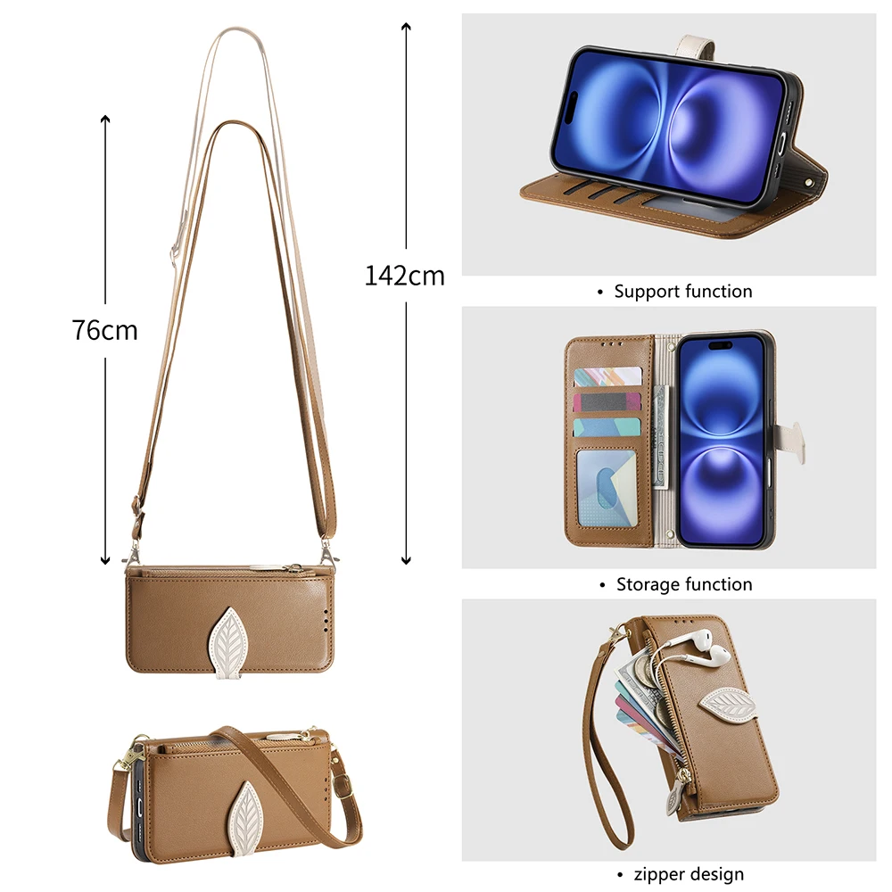 Leaf Buckle Leather Crossbody Lanyard Wallet Phone Case
