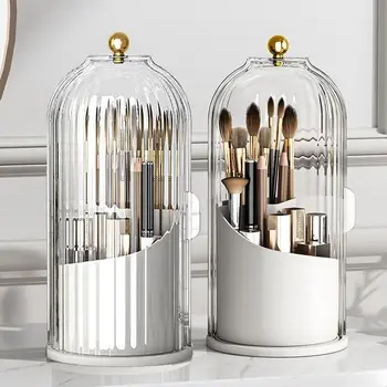 1PCS Makeup Brush Holder Organizer with Clear Lid 360 Rotating Sliding Opening Dustproof Brushes Container for Vanity 1