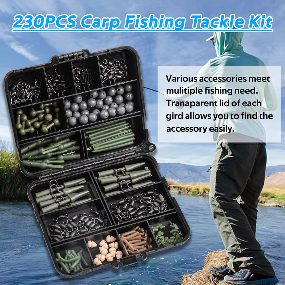Carp Fishing Tackle Box Kit, Equipamento de pesca, Snaps giratórios,  Helicóptero Rigs, Clips Líder, Mangas De Borracha, Acessórios, 230Pcs