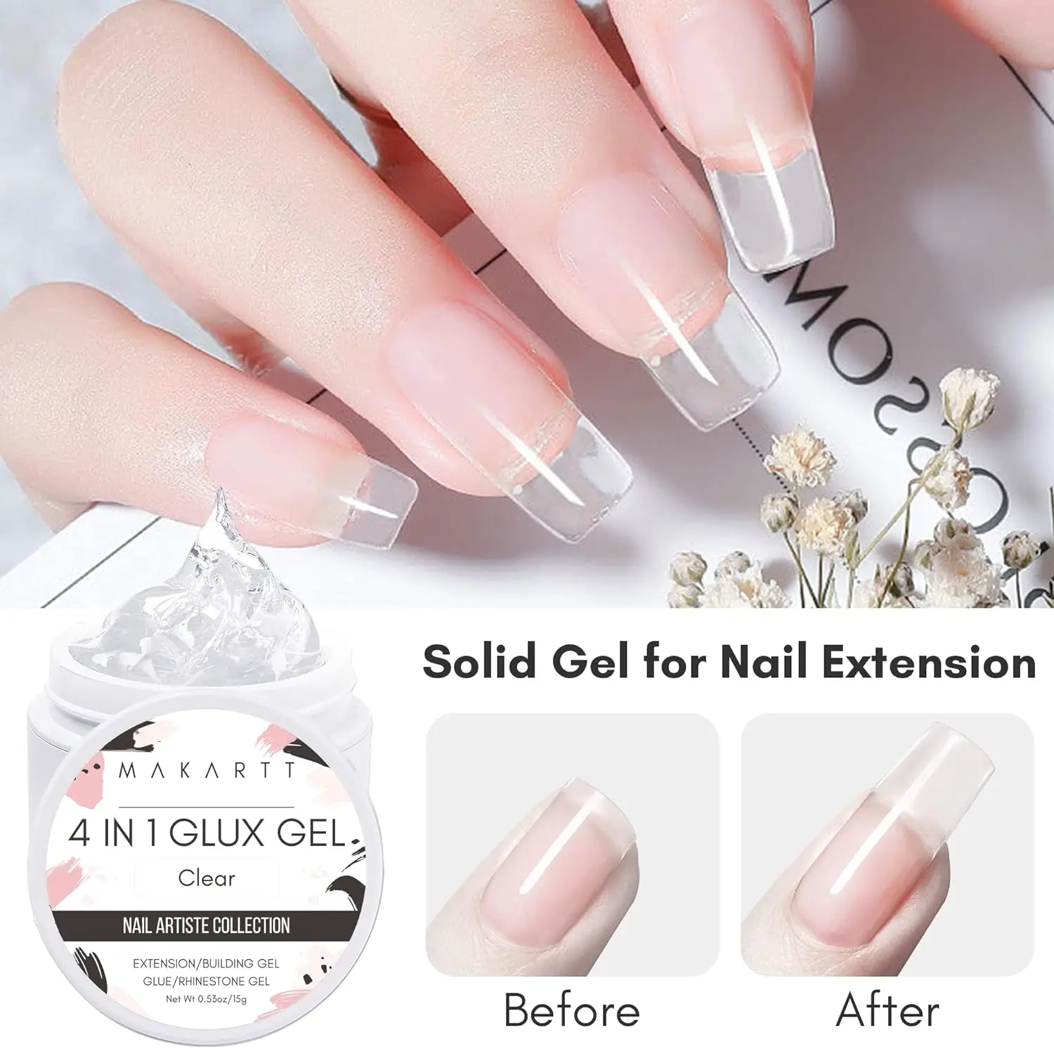 Solid Builder Gel Non Stick 15ML , Makartt 4 In 1 Glux Gel Hard Extension Gel Nail Polish for 3D Molding Nail Art UV/LED Lamp 3
