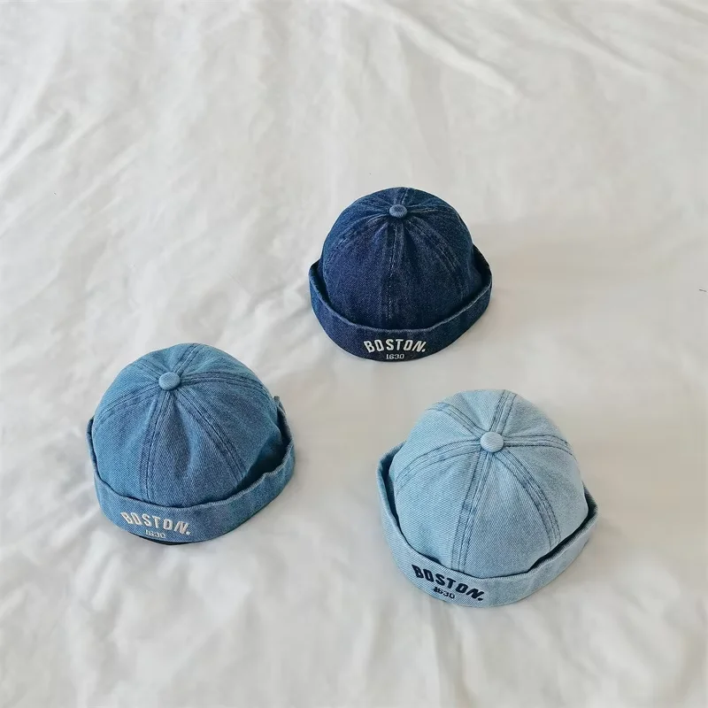 Blue Denim Baby Beanie Hat - 1-3Y Drawstring Hip Hop Cap