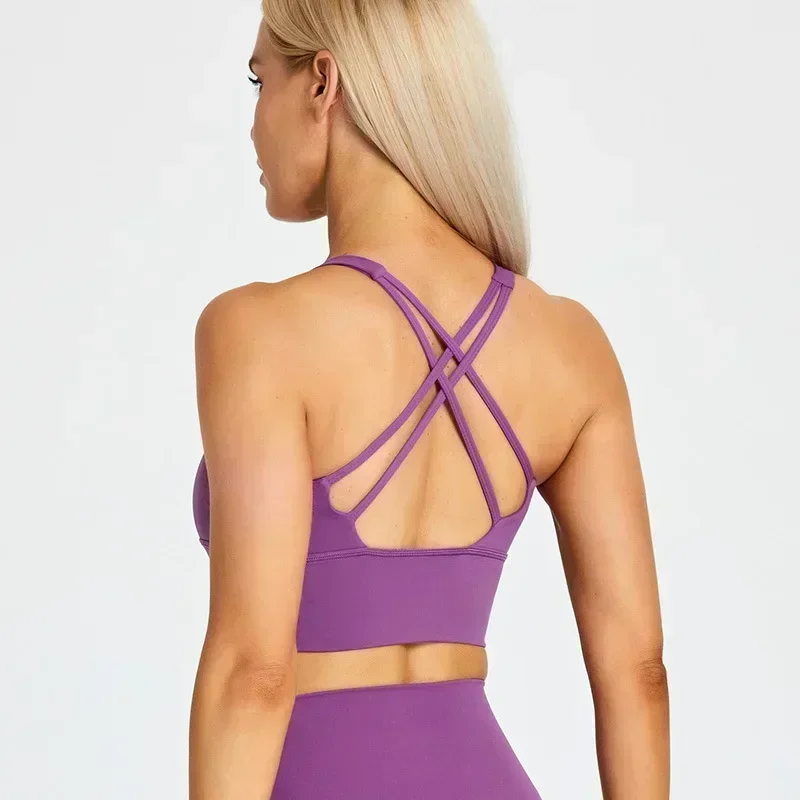 Lemon Women Shock-proof Sports Bras Sexy Cross Yoga Fitness Bra Padded Push Up Athleti Crop Tank Tops Running Workout Vest Top