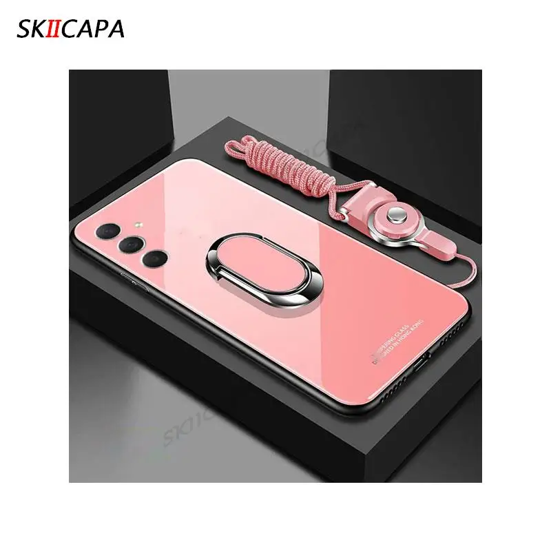 Enhanced Glossy Glass Shockproof Case with Magnetic Ring Holder and Soft Edges