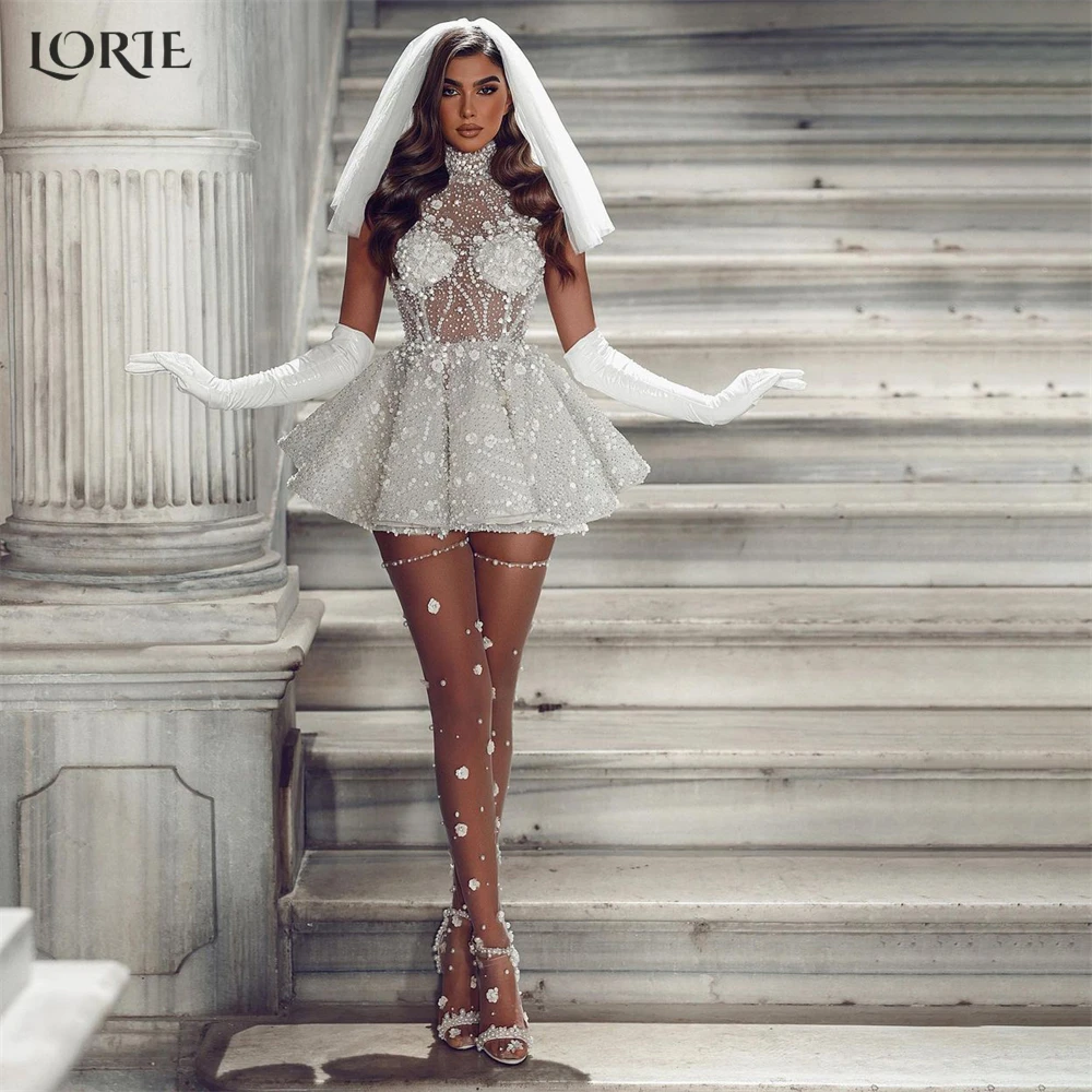 Glitter Lace Wedding Dresses A-Line Knee Length High Neck Applique Bridal Gown Saudi Arabia Bride Dress Customized
