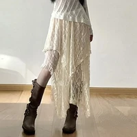 Lace Layered Skirt Vintage Y2K Boho Skirt Pants Fashion High Waist Asymmetrical A-line Skirt 2025 Korean Style Women's Clothing - Image 5