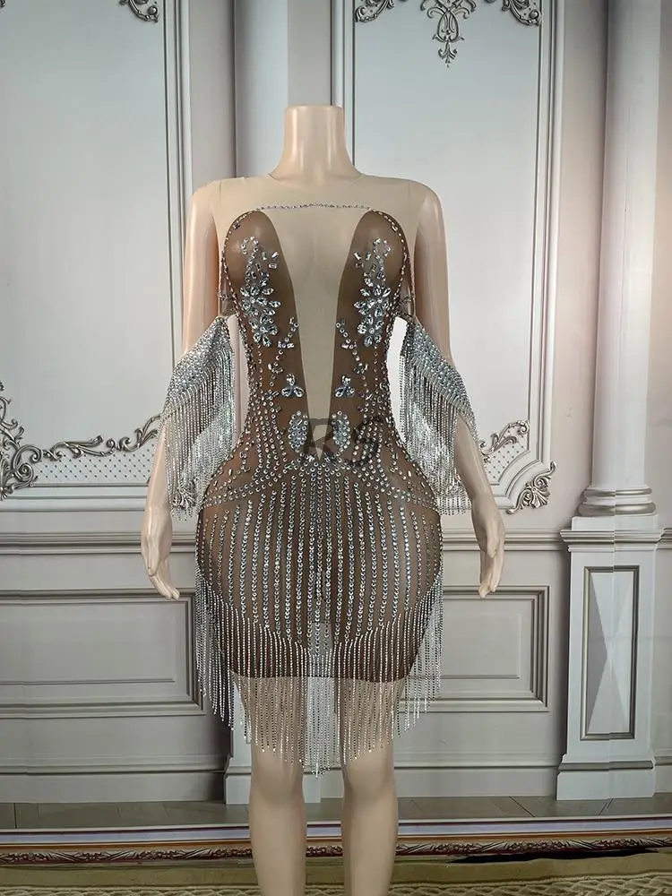 

New Sexy Rhinestone Tassel Mini Dress Women Singer Costume