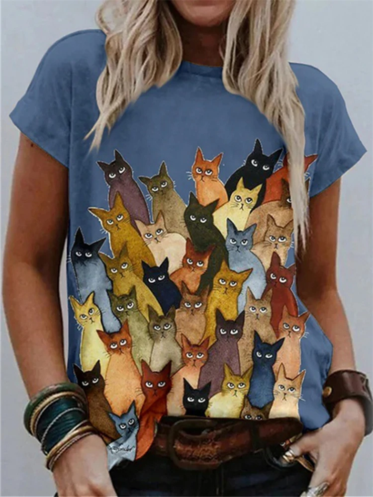 

Summer New Fashion Ladies Street Hipster 3D Abstract cartoon cat T Shirts Casual Short Sleeve O-Neck Loose Tops Summer Size 5XL