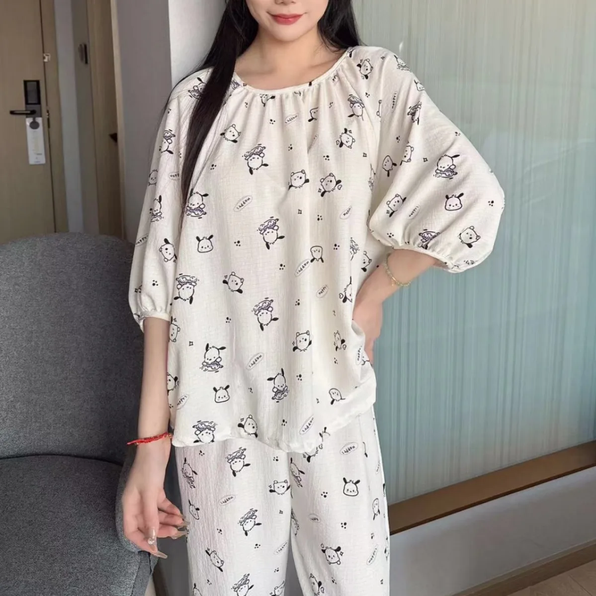 

Summer New Lantern Sleeves Cartoon Pajamas Women's Spring Loose Round Neck Top Wearing Printed Home Furnishing Set Thin Style