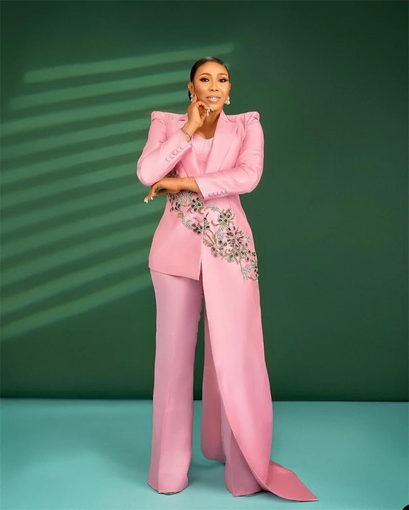 Crystals Satin Women Suits Set Blazer+Pants 2 Pcs Appliqued Jacket Irregular Hem Long Tail Formal Prom Dress Coat Customized women suit set women suits sets