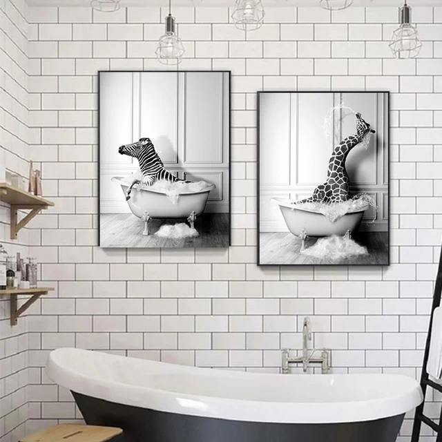 FM2018XSL Peinture sur Toile Noir et Blanc animal dans la baignoire  (40x50cm Pingouin Pas de cadre) : : Bricolage