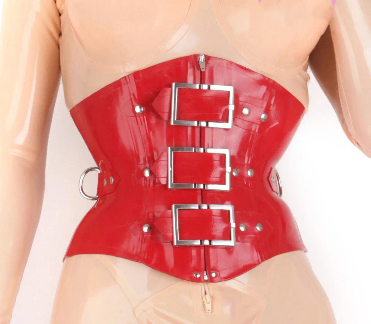Sexy Red 1mm Thicker Latex Corset Waist Trainer Steel Bone Under Bust with Front Buckle Zip Back Lace