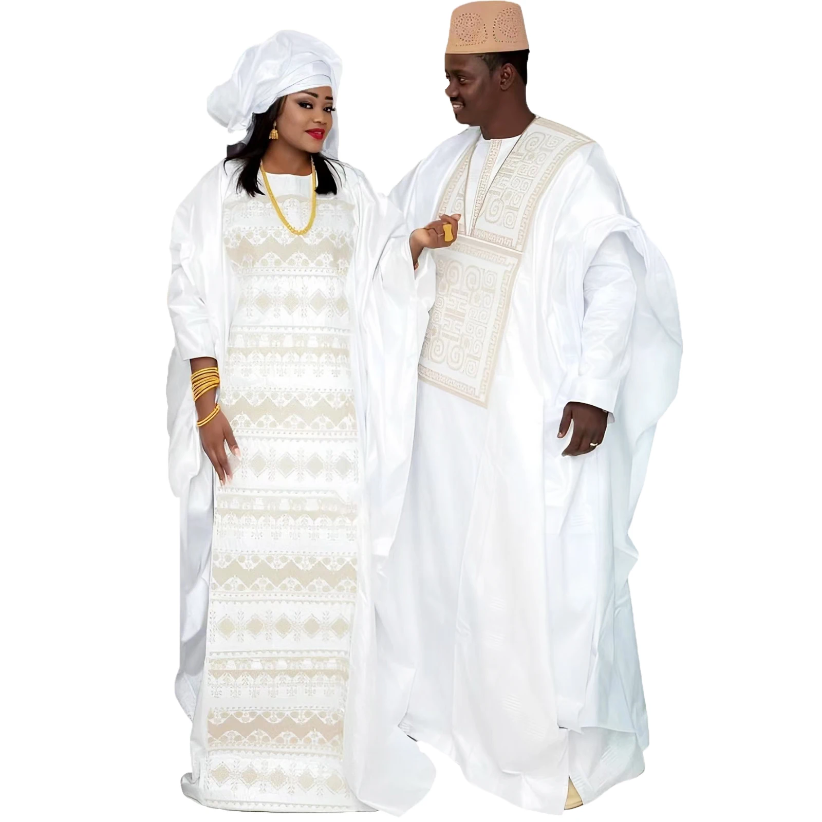 African Dresses For Couples Traditional Bazin Embroidery Dresses Floor Length Dress With Scarf Couple Design