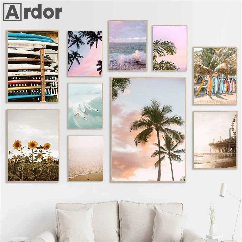 

Beach Sea Surfboard Posters Coconut Trees Turtle Landscape Canvas Painting Modern Wall Art Print Living Room Decor Home Decor