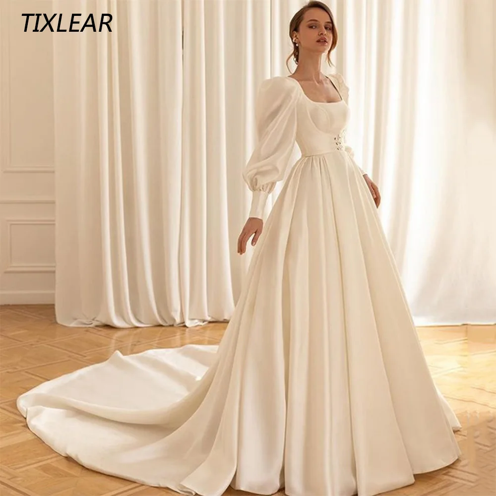 

Tixlear Simple A-Line Wedding Dress Square Neck Sleeveless Lace Up Back Bridal Gown With Jacket Floor Length Vestidos De Noiva