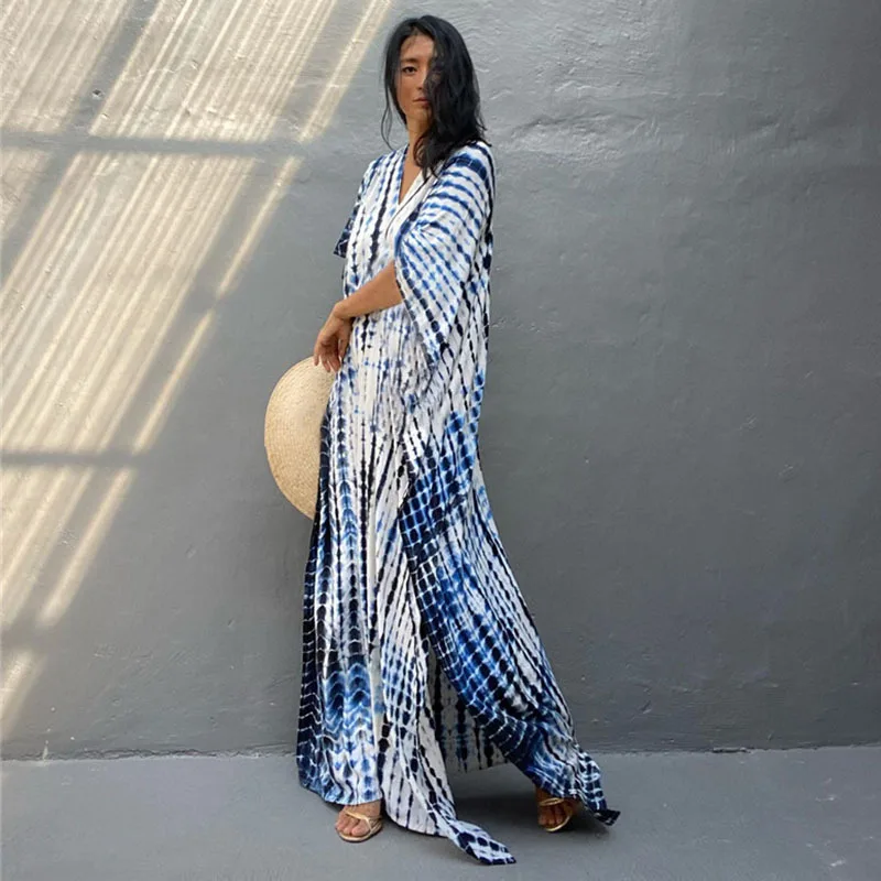 Fashion Casual Striped Print Long Dresses Women Bohemian V-neck Bat Sleeve Loose Slit Beach Dress Summer New Beachwear Vestidos 29 Fashion Casual Striped Print Long Dresses Women Bohemian V-neck Bat Sleeve Loose Slit Beach Dress Summer New Beachwear Vestidos