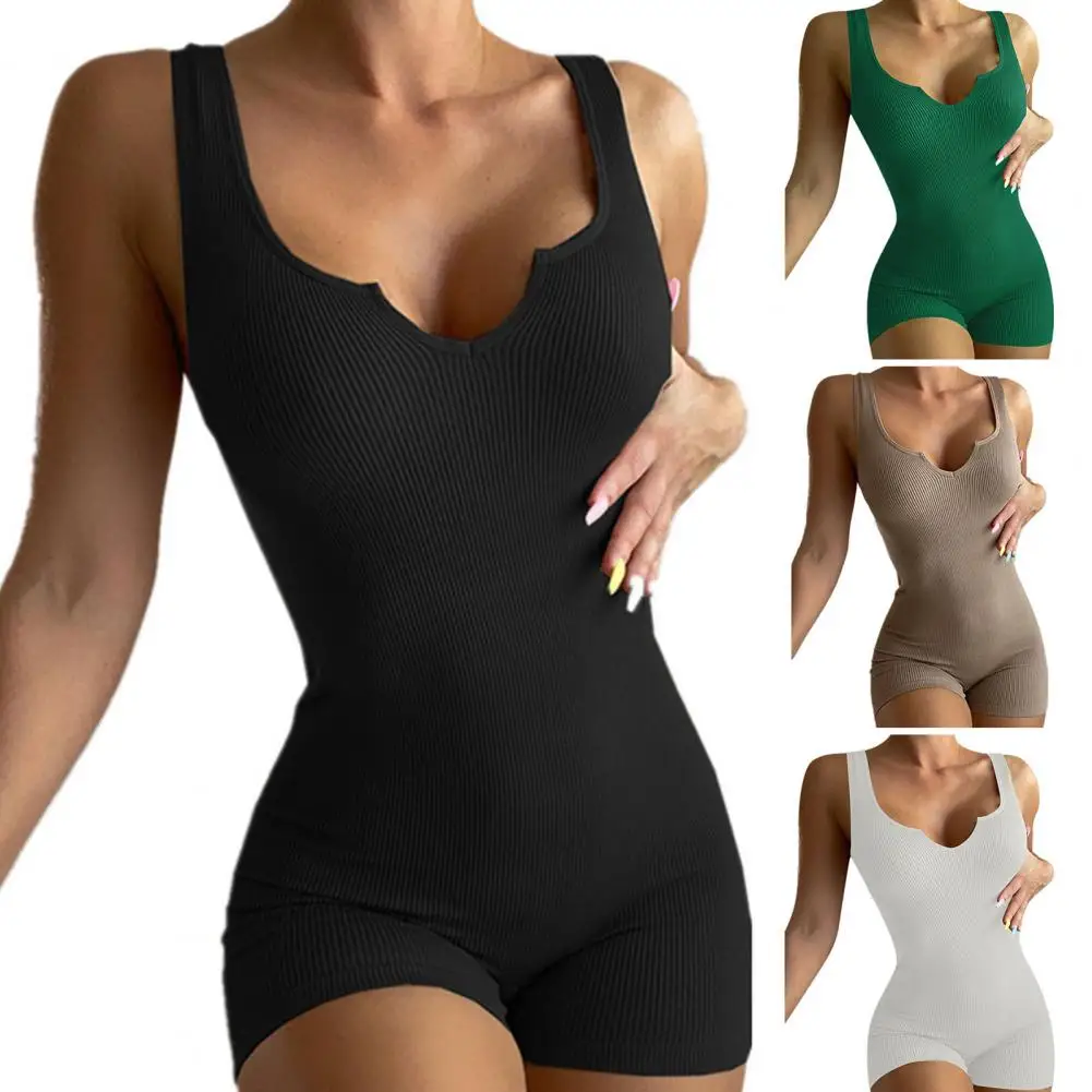 

Summer Women Bodysuit Knit Pullover Bodyson Rib Sexy Skinny Elastic Sleeveless Deep V Neck Lady Playsuit Rompers Female Clothes