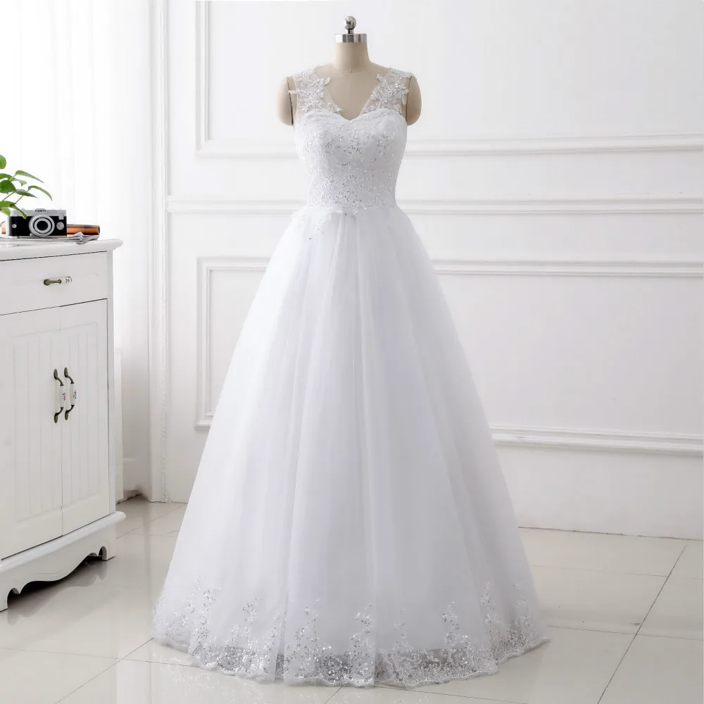 Cheap Simple A Line Satin Netting Tulle V Neck Floor Length Applique Sequin Wedding Dresses Bridal Gown Corset Back