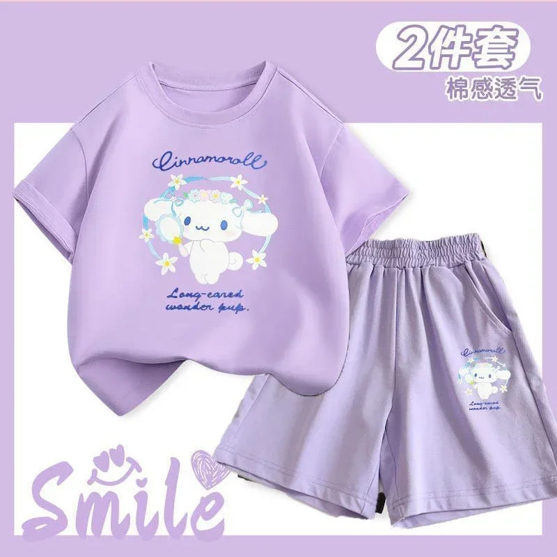 

Sanrios Children Summer Short-Sleeved Shorts Set Kawaii Kuromi Cinnamoroll Mymelody Cute Cartoon Children T-shirt Two Pieces/set