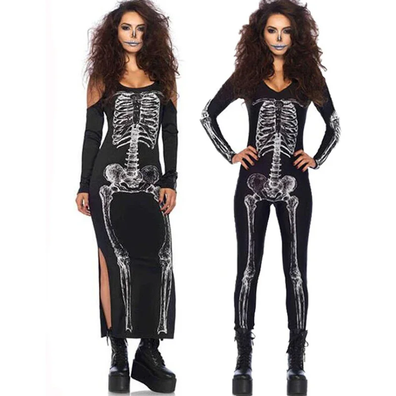 

Multiple Lady Creepy Skull Skeleton Costume Day Of The Dead Bone Ghost Outfit Cosplay Carnival Halloween Fancy Party Dress