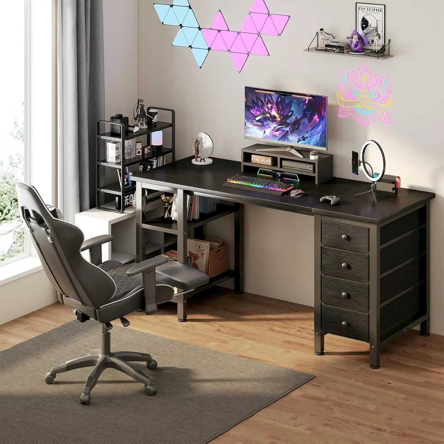 Gaming Desk with 4 Fabric Drawers & Storage Shelves 47 inch Computer Writing Work Study Desk for Home Office Bedroom Modern Simp