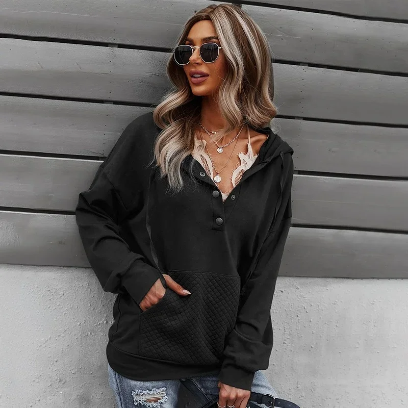 Women Casual Vintage Sweatshirts Tracksuit Winter Warm Loose Pullover Autumn Fashion Red Hoodies Buttons Turn Collar Tops Jumper