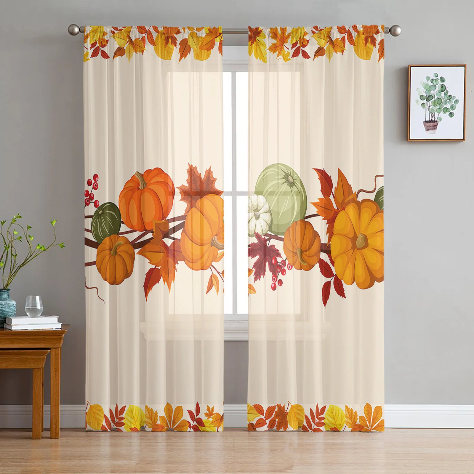 

Thanksgiving Pumpkin Maple Leaf Sheer Curtains for Living Room Decoration Window Curtain Kitchen Tulle Voile Organza Drapes