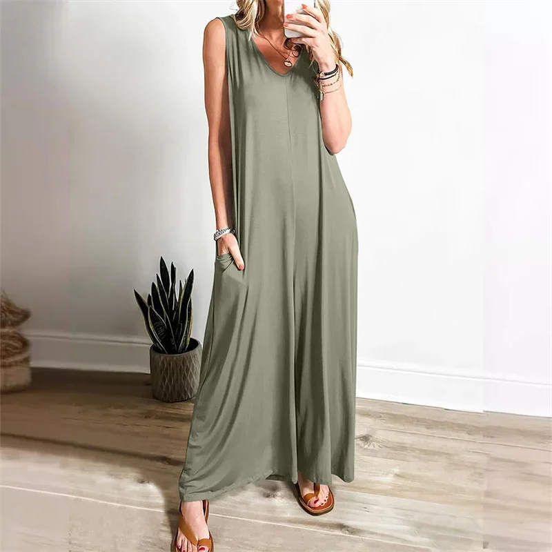 Women Solid Color V Neck Jumpsuit Wide Leg Floor-length Pants Female Summer Casual Thin Double Pockets Sleeveless Loose Rompers