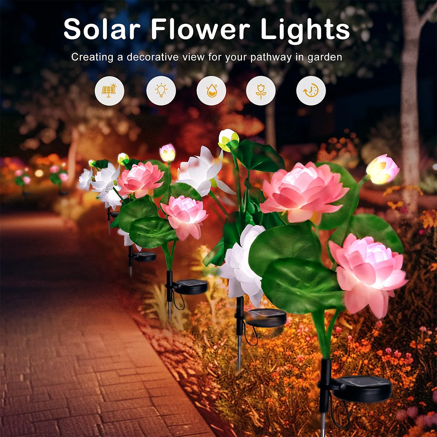 Heads Solar Lotus Flowers Lights Waterproof Outdoor Garden Decor Landscape Lamp for Yard Garden Pathway Porch Lawn Backyard 2