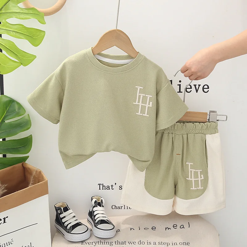 

Kids Summer Sets 2024 New Korean Fashion Waffle Letter O-neck Short Sleeve T-shirts Tops and Shorts Baby Boys Boutique Clothing