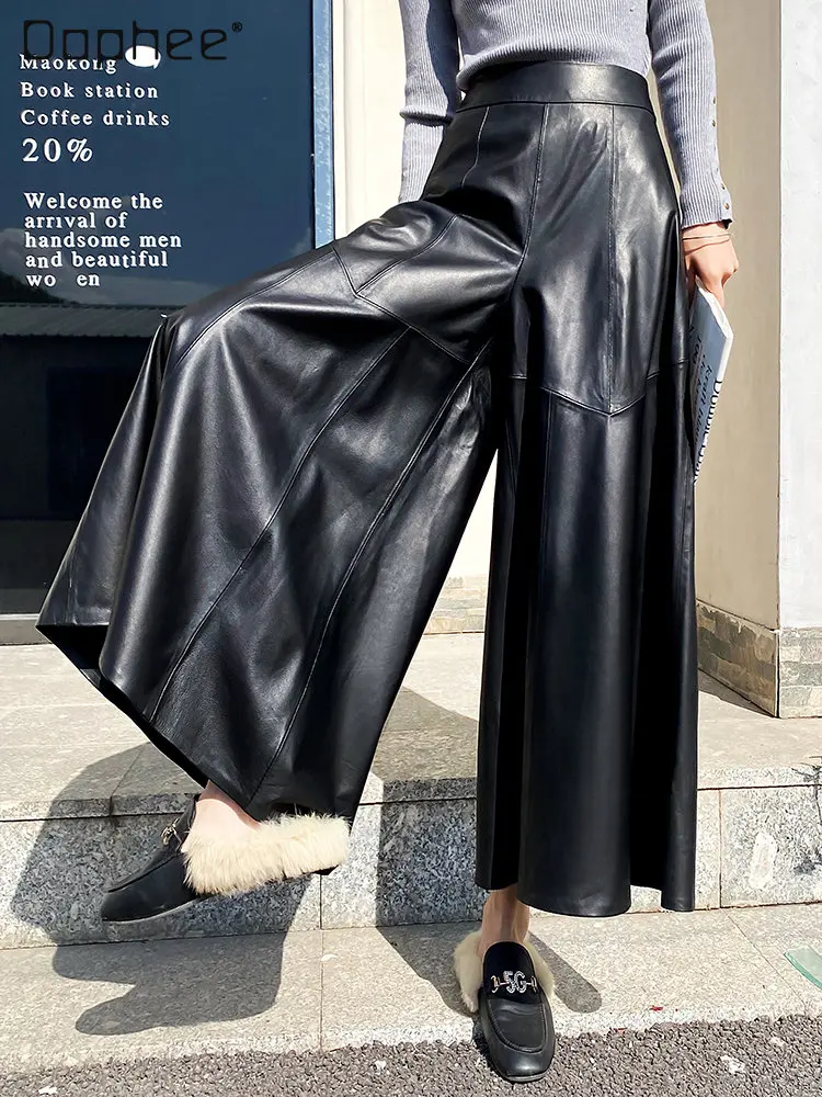 

Genuine Sheepskin Leather Pants 2023 Autumn and Winter New Loose Women's High Waisted Slimming Wide Leg Black Cropped Pants