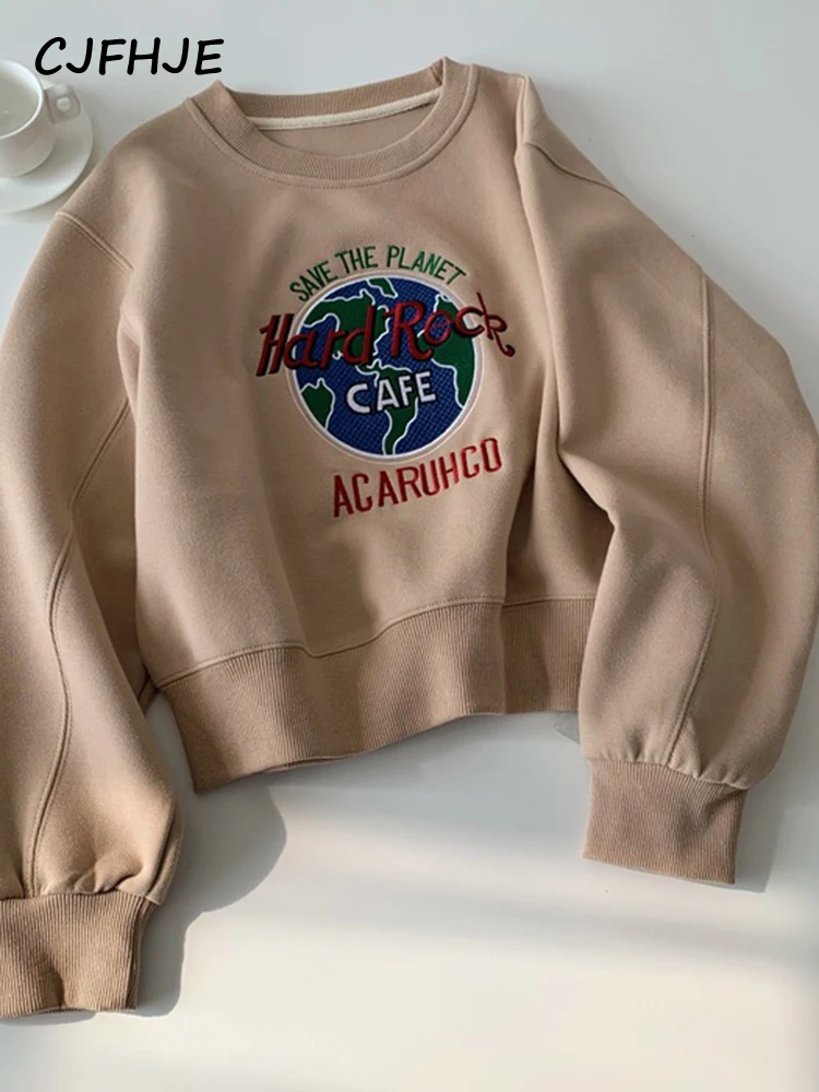 

CJFHJE Vintage Letter Embroidery Gray Pullover Women Casual O-neck Loose White Preppy Style Pullovers Khaki Long Sleeve Sweaters