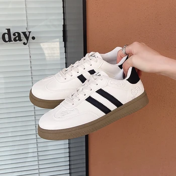 Women's Korean Style Chic White Sneakers Casual Everyday Trendy Slip-On 2025 All-season Cute Cat Embroidery Training Shoes 1