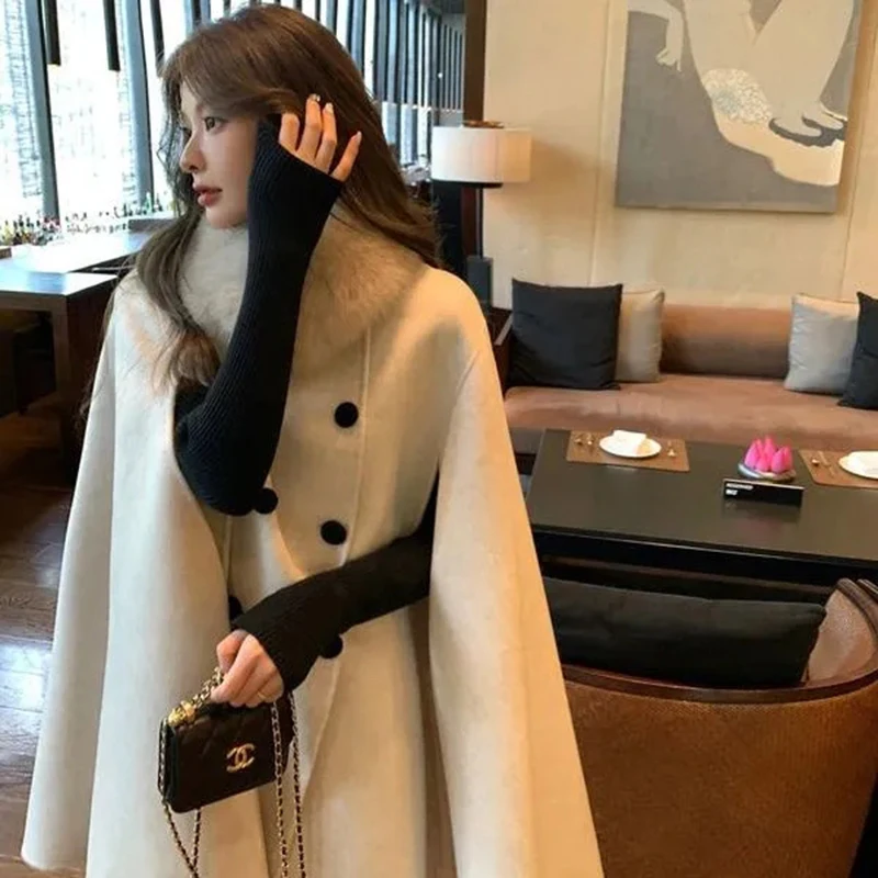 

MEXZT S-3Xl Elegant Wool Blends Cape Women Plus Size Faux Fur Collar Poncho Coats Korean Vintage Woolen Jacket Winter Outwear