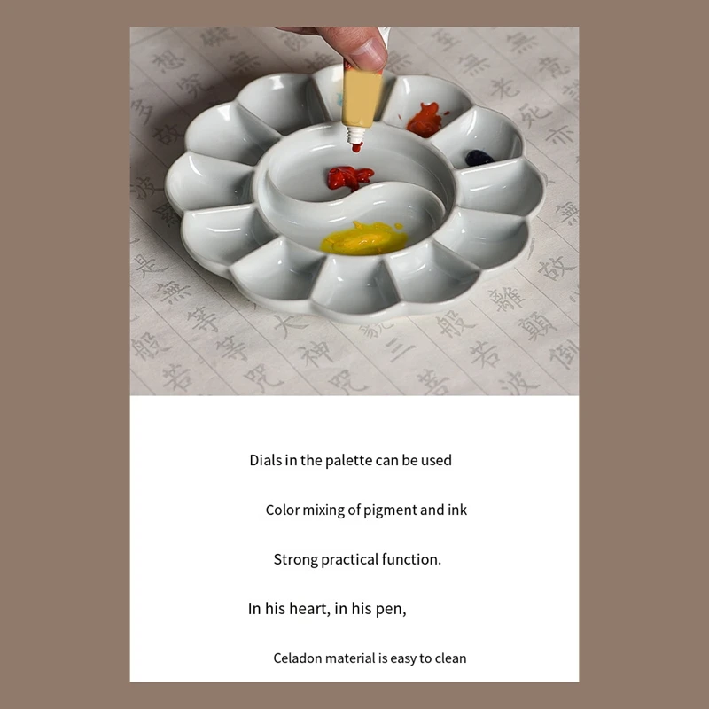 Handmade Celadon Palette Plum Blossom-Shaped Watercolor Paint Tray Ru Kiln Ceramic Plate And Pen Holder