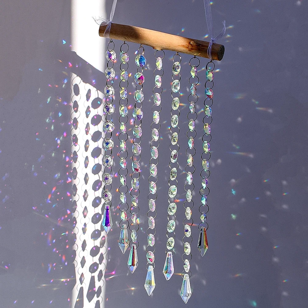 Hanging Crystal Prism Suncatcher Illusion Rainbow Maker Glass Icicle Beads Chain Pendant Wind Chimes Window Garden Decoration