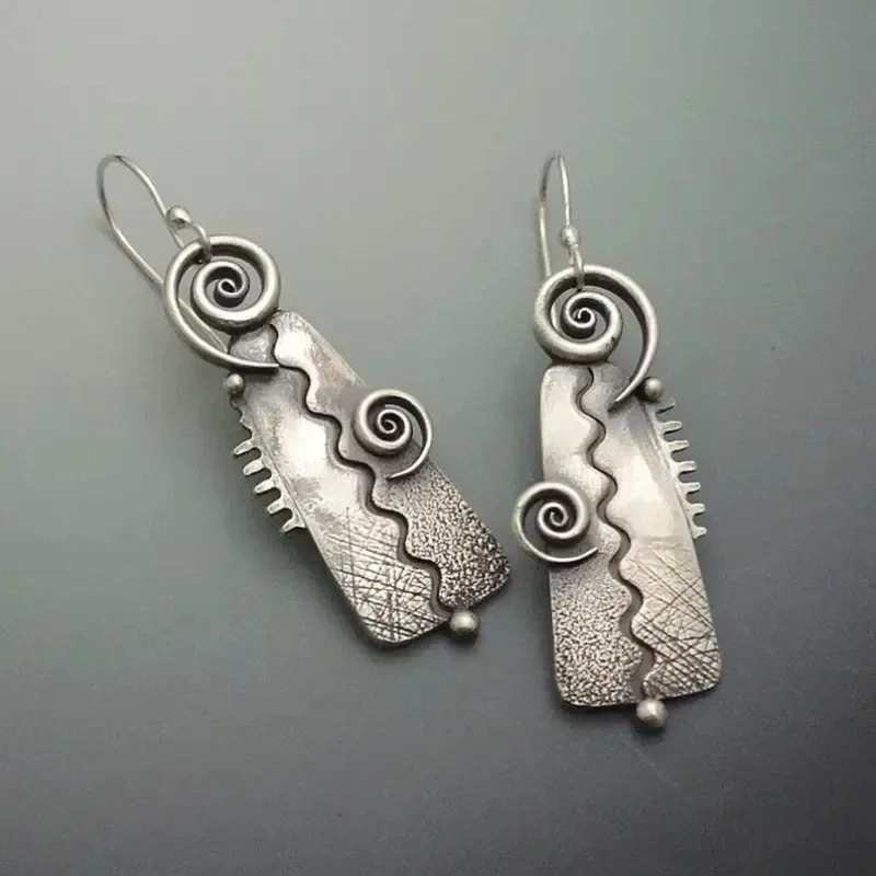 

Vintage Geometric Shape Spiral Pattern Dangle Earrings Retro Bohemian Style Silver Color Jewelry Trendy Tourism Souvenir