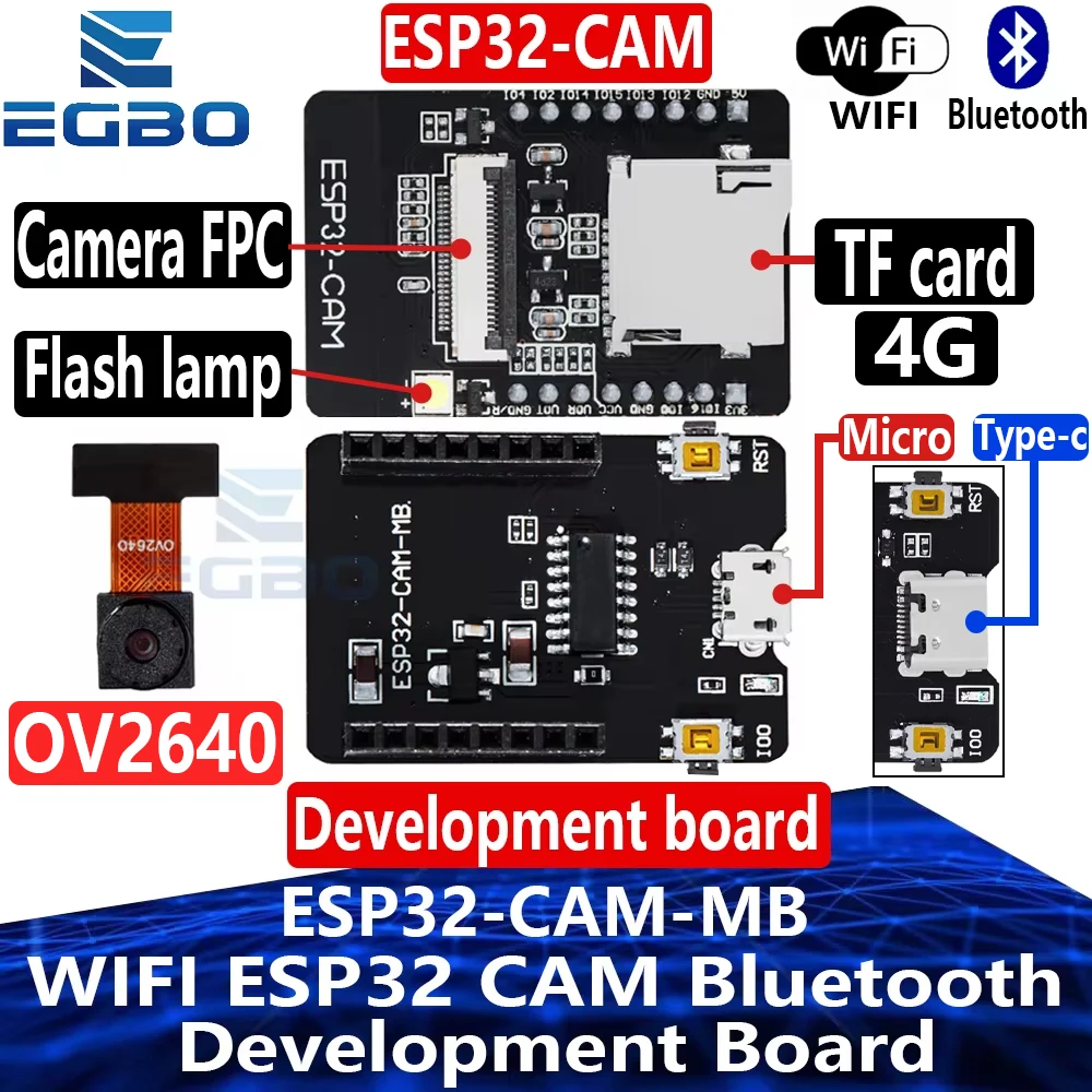 1PCS EGBO ESP32-CAM-MB WIFI ESP32 CAM Bluetooth Entwicklung Board mit OV2640 Kamera MICRO USB zu Seriellen Port CH340G 4,75 V-5,25 V
