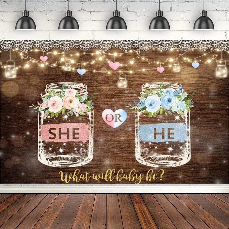 She Or He Gender Reveal Photography Background Brown Wood Wishing Bottle Pink And Blue Flower Background Lace String Lights Decor